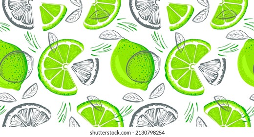 Lime seamless pattern. Colorful sketch lemons. Citrus fruit background. Elements for menu, greeting cards, wrapping paper, cosmetics packaging, posters etc