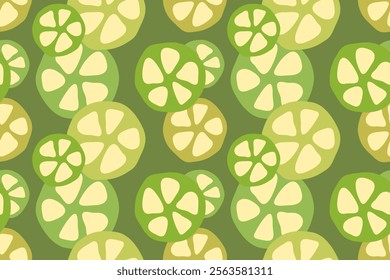 Lime seamless pattern. Lime green background. Lime and lemon slice. Fruit texture in minimalistic style. Boho decor. Trendy hand drawn backdrop with citrus fruits. Vector