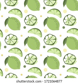 Lime seamless pattern. Lemon, lime and circle pattern on white background. Vector illustration citrus fruit. Summer template food. Repeating texture. Modern ornament. Design paper, wallpaper, cover.