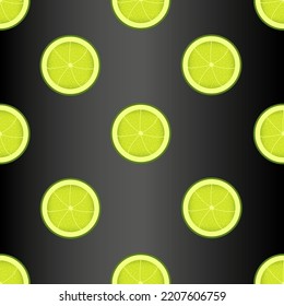 Lime seamless pattern on black background. Beautiful lime slice background. Set of exotic citrus. 