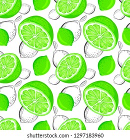 Lime seamless pattern. Sketch limes. Citrus fruit background. Elements for menu, greeting cards, wrapping paper, cosmetics packaging, posters etc