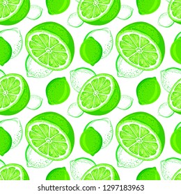 Lime seamless pattern. Sketch limes. Citrus fruit background. Elements for menu, greeting cards, wrapping paper, cosmetics packaging, posters etc