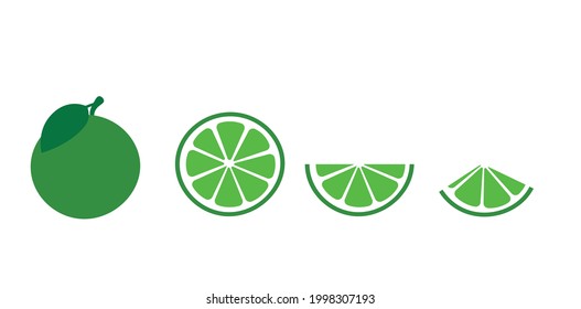 Frutos de cítricos verdes segmentados de limón, ingrediente de mojito, agria, vitaminas, diseño plano vectorial aislado