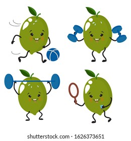 Lime, a set of cute, attractive, funny characters involved in sports, kettlebell, ball, barbell, tennis. Vector illustration. For packaging, brochures, advertising, design, banner, label.