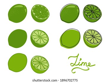 Lime set. Hand drawn citrus fruits. Whole and half a lime. Vector illustration. 