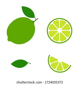 Lime set icon vector illustration isolated on white. Fruit citrus with pieces or slices. 