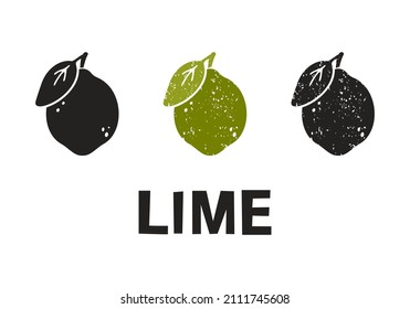 Lime, silhouette icons set with lettering. Imitation of stamp, print with scuffs. Simple black shape and color vector illustration. Hand drawn isolated elements on white background