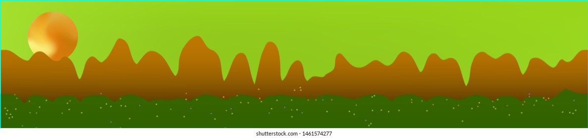 Lime sky, and mountains landscape. Abstract, horizontal texture background picture. Colorful skinali background abstraction. Breezy glass print fantasy. Horizon, blend. Old game style.