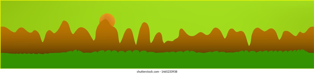 Lime sky, and mountains landscape. Abstract, horizontal texture background picture. Colorful skinali background abstraction. Crisp glass print fantasy. Horizon, smoot. Old game style.