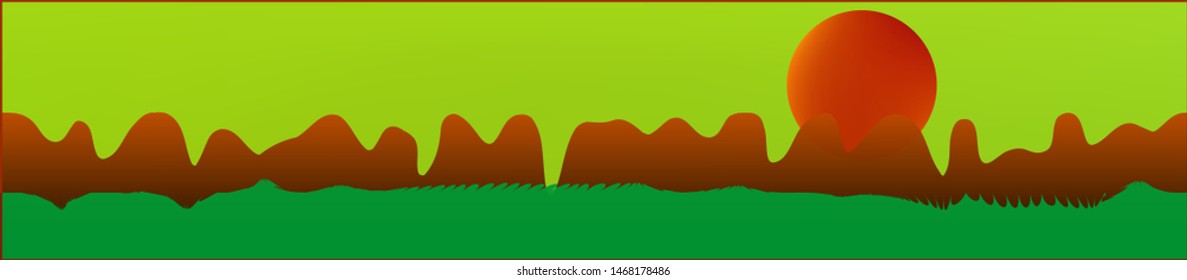 Lime sky, and mountains landscape. Game style panaramic pattern. Concept skinali mesh pattern. Clear glass print fantasy. Horizon, chilly. Old game style.