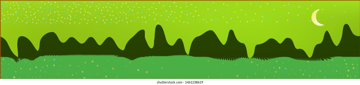 Lime sky, and mountains landscape. Light glass print panaramic design. Glass print skinali light and dark. New glass print fantasy. Horizon, mesh. Old game style.
