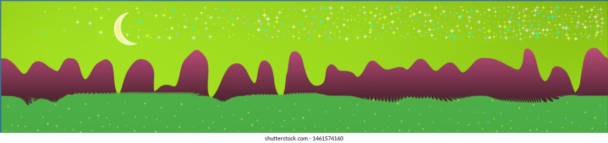 Lime sky, and mountains landscape. Light colorful skinali art design. Wide artistic view. New glass print fantasy. Horizon, light. Old game style.