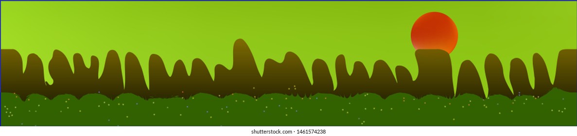 Lime sky, and mountains landscape. Light colorful skinali art design. Wide artistic view. New glass print fantasy. Horizon, bright. Old game style.