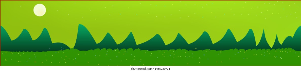 Lime sky, and mountains landscape. Panoramic horizontal design. Trendy panoramic design. Net glass print fantasy. Horizon, graphic. Old game style.