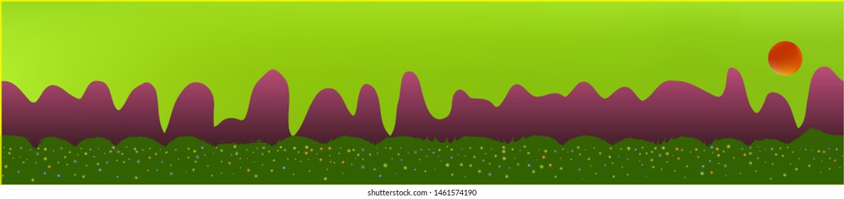 Lime sky, and mountains landscape. Plain horizontal background illustration. Trendy fairy tale plain design. Fresh glass print fantasy. Horizon, modern. Old game style.