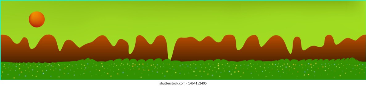 Lime sky, and mountains landscape. Plain horizontal background illustration. Trendy fairy tale plain design. Fresh glass print fantasy. Horizon, texture. Old game style.