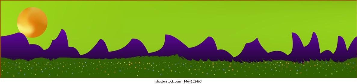 Lime sky, and mountains landscape. Plain horizontal background illustration. Trendy fairy tale plain design. Cool glass print fantasy. Horizon, light. Old game style.