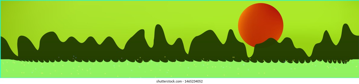 Lime sky, and mountains landscape. Plain horizontal background illustration. Trendy fairy tale plain design. Recent glass print fantasy. Horizon, chilly. Old game style.