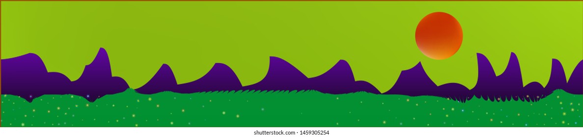 Lime sky, and mountains landscape. Texture background illustration design. Colorful new glass print design. Clear glass print fantasy. Horizon, unused. Old game style.