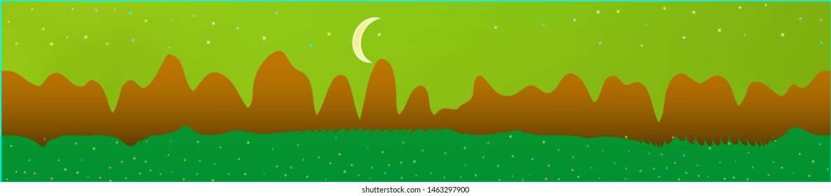 Lime sky, and mountains landscape. Texture background illustration design. Colorful new glass print design. New glass print fantasy. Horizon, light. Old game style.