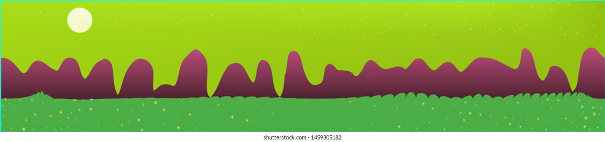 Lime sky, and mountains landscape. Wonderful landscape texture background. Colorful horizontal pattern texture. Recent glass print fantasy. Horizon, unused. Old game style.