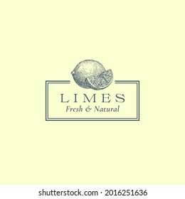 Lime with a Slice Abstract Vector Sign, Symbol or Logo Template. Hand Drawn Fruits Sillhouette Sketch with Elegant Retro Typography and Frame. Vintage Luxury Emblem. Isolated.