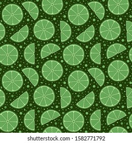 Lime, slice citrus on green background. Tropical fruits. Raw and vegetarian food. Seamless pattern. Elements for menu, greeting cards, wrapping paper, cosmetics packaging, posters etc - Vector
