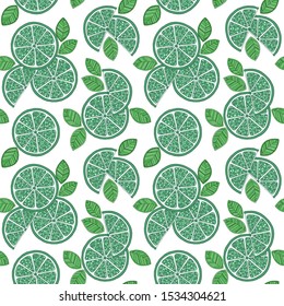 Lime, slice citrus on white background. Tropical fruits. Raw and vegetarian food. Seamless pattern. Elements for menu, greeting cards, wrapping paper, cosmetics packaging, posters etc