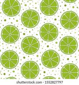 Lime, slice citrus on white background. Tropical fruits. Raw and vegetarian food. Seamless pattern. Elements for menu, greeting cards, wrapping paper, cosmetics packaging, posters etc 