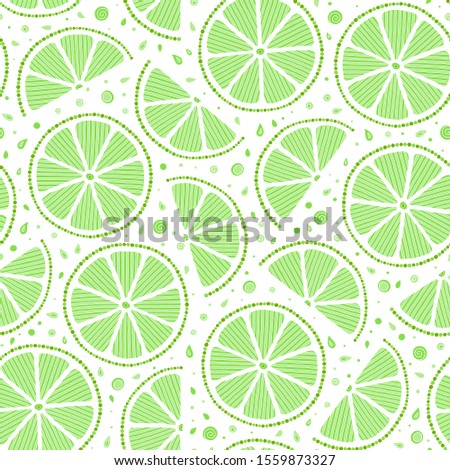 Lime, slice citrus on white background. Tropical fruits. Raw and vegetarian food. Seamless pattern. Elements for menu, greeting cards, wrapping paper, cosmetics packaging, posters etc 