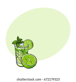 Lime slice and glass of freshly squeezed juice with ice and straw, sketch style vector illustration with space for text. 