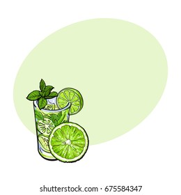 Lime slice and glass of freshly squeezed juice with ice and straw, sketch style vector illustration with space for text. 