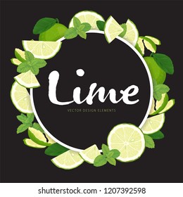 Lime slice and green mint leaves frame on black background template. Vector set of herbal element for advertising, packaging design of mint products.