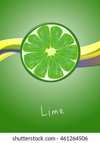 Lime slice with lines on orange background. Vector illustration for decorative poster, emblem natural product, farmers market. Perfect for packaging design of cosmetics and food.