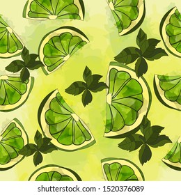 Lime slice with mint leaf vector illustration. Seamless pattern lime. Green lime and mint.
