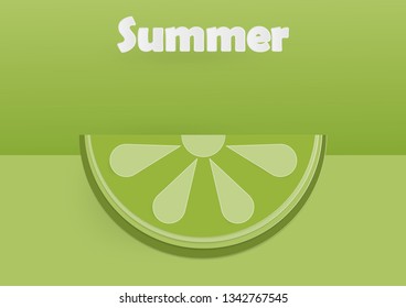 Lime slice on green background with paper art style for advertisement, Web design. poster.  Healthy food. Summer time. vector illustration