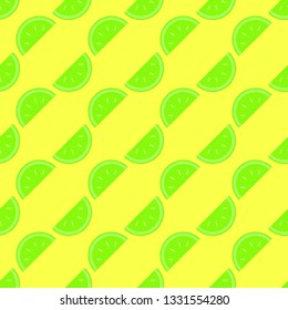 Lime slice seamless pattern on the neon yellow background