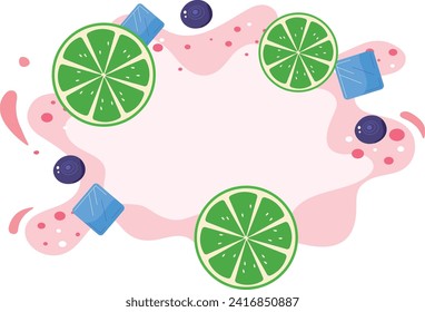 Lime slices, blueberries, and ice cubes on a pink splash background. Citrus summer drink concept vector illustration.