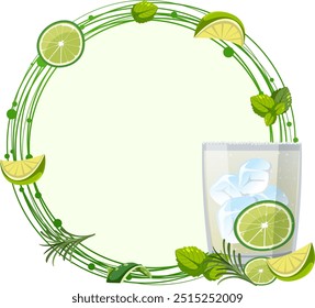 Lime slices and drink with ice cubes