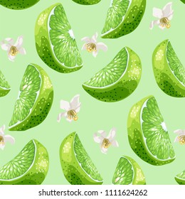 Lime slices and flowers seamless pattern set in realistic graphic vector illustration in bright colors with green background