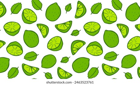 Lime slices and fruits seamless pattern. Citrus fruits on white background. Healthy eating and tropical fruit concept. Design for poster, banner and fabric.