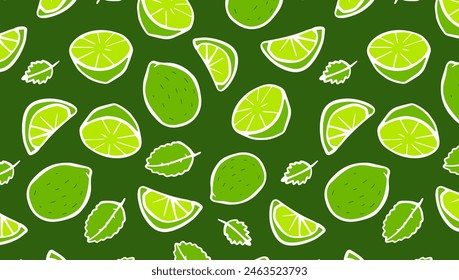 Lime slices and fruits seamless pattern. Citrus fruits on green background. Healthy eating and tropical fruit concept. Design for poster, banner and fabric.