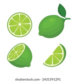 Lime With Slices and Leaves Set on white background. Vector