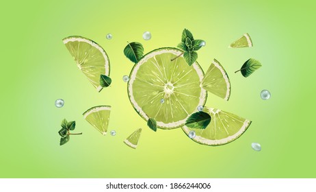 Lime slices, mint leaves and water droplets in flight.