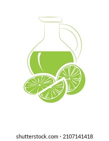 Lime slices on the background of a jug of lime juice. Silhouette. Sample. Monochrome, bright image. Close-up. Vector illustration.