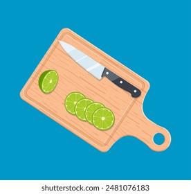 Lime slices on kitchen cutting board and kitchen knife. Food ingredients, cooking, food preparation concept. Wooden chopping board, kitchen tools, half a lime. vector illustration in flat design