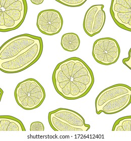 Lime slices on a white background. Vector seamless pattern. Design for fabric, card, print, wrapping.