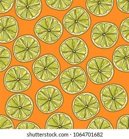 Lime slices seamless pattern. Vector illustration on orange background