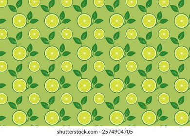 Lime slices seamless pattern. Vector background with lime and leaves.