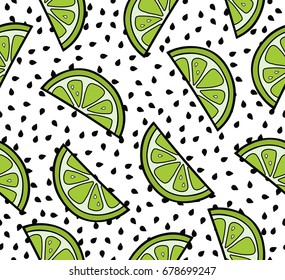 Lime slices summer seamless pattern on the seeds background